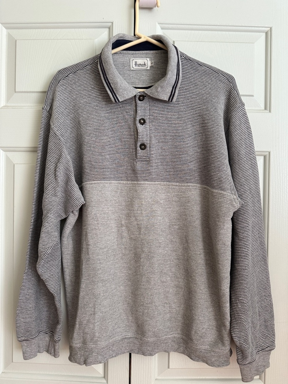 Harrods Men’s Grey Striped Button Polo Shirt Size L
